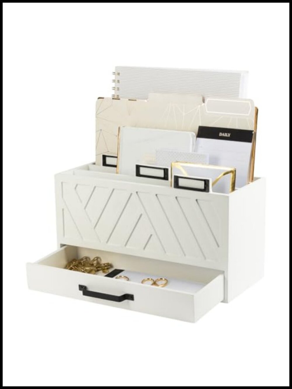 Wooden Mail Organizer with Drawer and Gold Labels, 3-Tier Desktop Letter Sorter